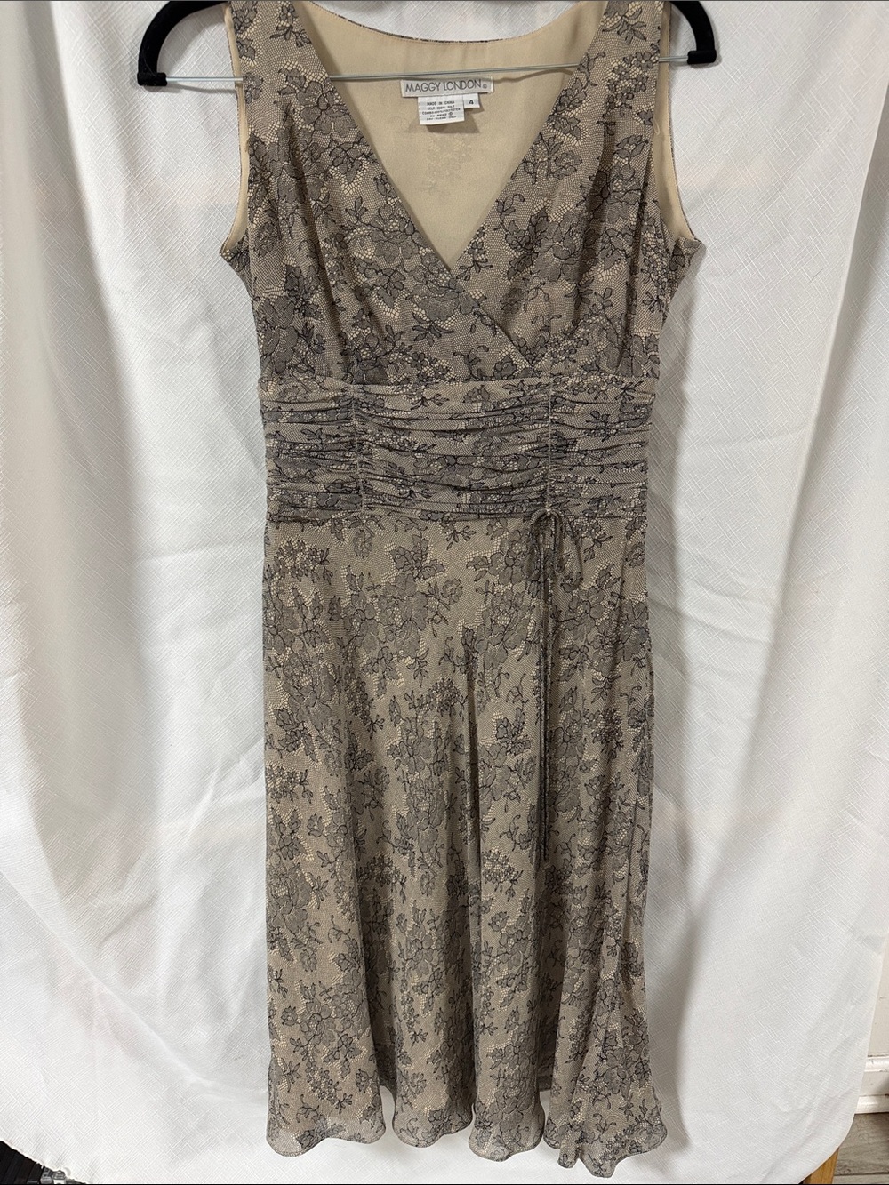 Maggy London Taupe Dress with Gray Floral Lace Overlay